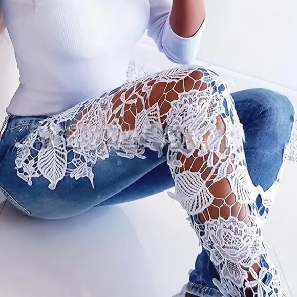 Plus Size Slight Stretch Jeans Lace Cut Out, - Picture 1 of 4